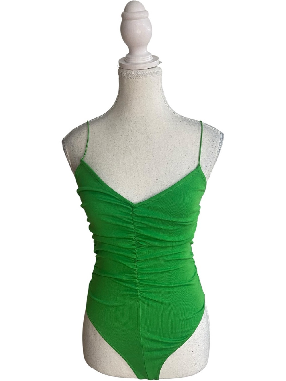Zara Ruched V-Neck Camisole Bodysuit Green